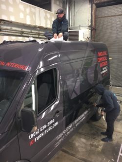 vehicle wrap company, dodge sprinter, full wrap, window perforated film, 3M vinyl, roof wrap, vehicle wrap damage